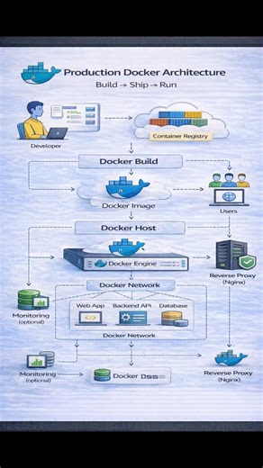 DevOps Community on Instagram: "This is how Docker works in REAL production 🐳 Not just docker run. Not just containers. Build → Ship → Run is the core Docker lifecycle. A developer writes application code along with a Dockerfile. Using docker build, the code is converted into a Docker Image. A Docker image is: • Immutable • Versioned • Portable This image is pushed to a Container Registry (Docker Hub / ECR). The registry acts as the distribution layer for containers. In production, a Docker Hos