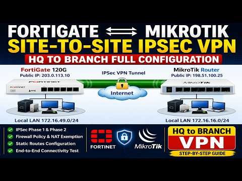 Configure IPSec VPN Between FortiGate and MikroTik Router | HQ to Branch Full Setup | IPSec VPN Tu..