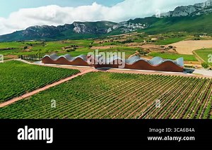 Aerial view of the famous Bodegas Ysios near Laguardia, Basque country, Spain. Ysios winery in Alava, Basque Country. View of the futuristic modern winery Ysios in La Guardia, Spain Stock Video Footage - Alamy