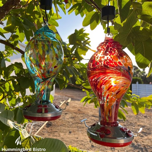 Glass Hummingbird Feeder Set, Red and Blue Swirl Design, Outdoor Garden Decor - Etsy