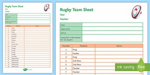 Rugby Team Sheet A4 Display Poster