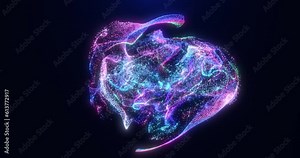 Rotation abstract futuristic shape of smoke and dust particle flow, nebula, liquid particle explosion, energy glowing sphere, stream digital dots. depth of field. 4k video. Screensaver animation
