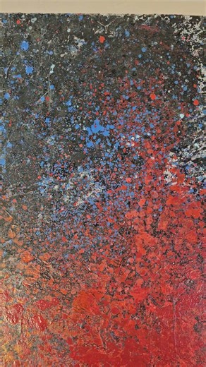 Explosion rouge sur fond bleu et noir, acrylique sur toile 116x89cm