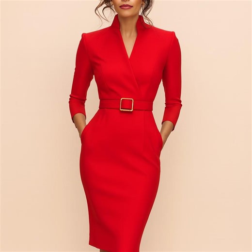 French Autumn Midi Dress | Elegant Jersey A-line With Belt - Etsy