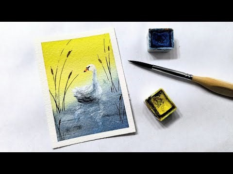 Beautiful beginner swan on lake landscape painting » How to paint a watercolor swan reflection EASY