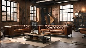 Industrial loft with exposed brick walls, metal beams, and vintage leather furniture