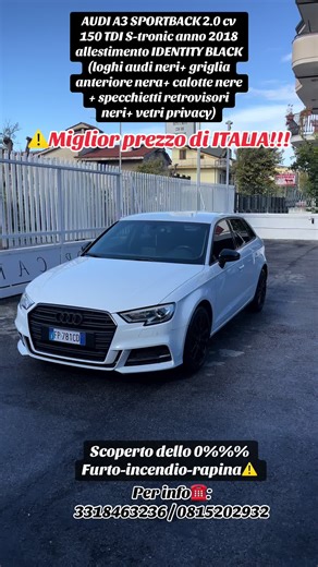 AUDI A3 SPORTBACK 2.0 cv 150 TDI S-tronic anno 2018 allestimento IDENTITY BLACK (loghi audi neri griglia anteriore nera calotte nere specchietti retrovisori neri vetri privacy) Vettura in buone condizioni. KM CERTIFICATI IN FATTURA. ACCESSORI: *NAVIGATORE *ASSISTENZA AL PARCHEGGIO CON SENSORI ANTERIORE E POSTERIORE *ASSIST PARK *CERCHI IN LEGA NERO LUCIDO *KIT LUCI INTERNO E ESTERNO * FARI LED *FRENATA ASSISTITA *ABS, Airbag, Airbag laterali, Airbag Passeggero * Controllo trazione, ESP * Sensore