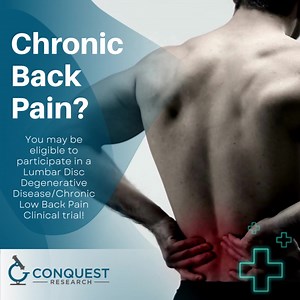 Do you suffer from chronic low back pain? You're not alone. Chronic back pain lasts beyond he typical time it takes for an injury to heal. This pain usually persists for at least 6 months. If you have been experiencing lower back pain for more than 6 months, consider a clinical trial. • All study related care provided at no cost • No insurance required | Conquest Research