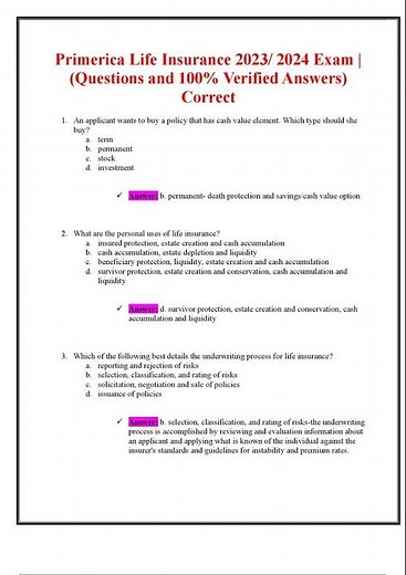 PRIMERICA LIFE INSURANCE 2023 2024 EXAM QUESTIONS AND 100 CORRECT VERIFIED ANSWERS