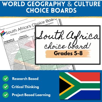 South Africa Country Study Choice Board|5-8th History Geography Research Project