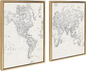 Kate and Laurel Sylvie Black and White Modern Retro World Map Framed Canvas Wall Art Set by The Creative Bunch Studio, 2 Piece 18x24 Gold, Vintage Map Art for Wall