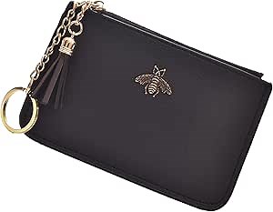 Coin Purse Change Wallet Pouch Leather Card Holder with Key Chain Tassel Zip(Black)