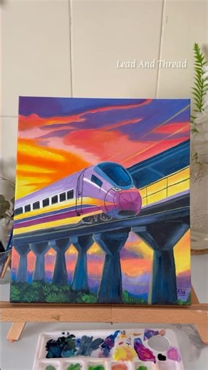 Beautiful Bullet Train Sunset Painting| Oil Painting