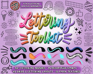 215 Procreate Lettering Brushes, 3D & Glitter Brushes, Stamps, Grids, Lettering Layouts, Paper Texture Brushes, 11 Lettering Practice Sheets - Etsy