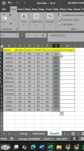 🎓 Calculate Students’ Marks Percentage in Excel – Easy Formula! #excel #exceltips #excelformula