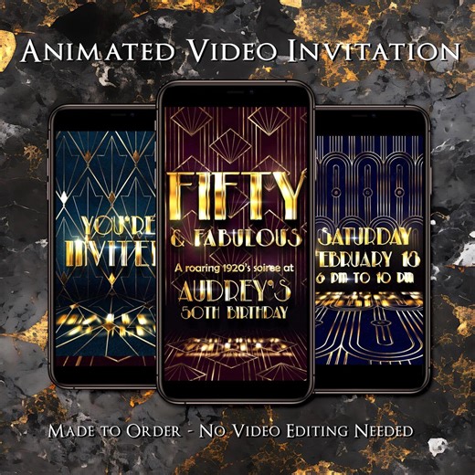 Fifty and Fabulous - Gatsby Birthday Party Video Invitation With Photo - Gold Roaring 1920s - Made to Order - Animated Invite With Picture - Etsy