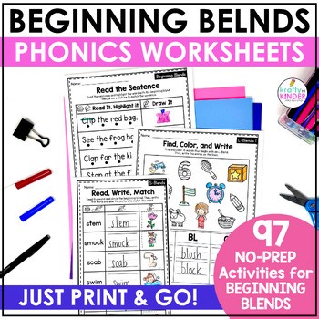 Beginning Blend Worksheets & Activities for S Blends, L Blends, R Blends No-Prep