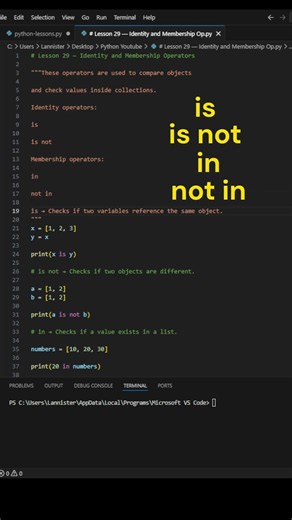 35. Identity and Membership Operators in Python 🔍 Lesson 29 #shorts