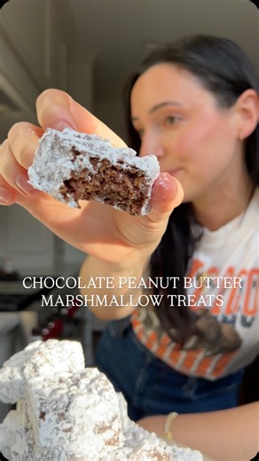 Jenna Barnard on Instagram: "These chocolate peanut butter marshmallow treats are the perfect no bake dessert to bring to your Super Bowl party! Toss these treats in powdered sugar or top them with a drizzle of peanut butter! They’re so quick, easy to make, and an absolute crowd pleaser ✨ Comment “send recipe” and I’ll DM it to you, or find the full recipe on my website!"