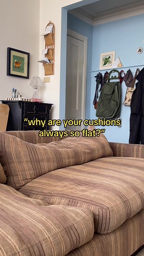 I get so over fluffing up the cushions multiple times a day but then I remind myself: for as long as the couch cushions are flat, we’ll have dogs that love us 😭❤️ #homedecor #interiorstyle #facebookmarketplace #vintagehome