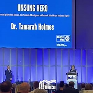 Thank you United Way of Southwest Virginia for honoring star DHCD member Dr. Tamarah Holmes for her dedication to the people of Southwest Virginia. Dr. Holmes, with her team, have assisted countless Virginians and communities. Listen to her acceptance speech below: | Virginia Department of Housing and Community Development