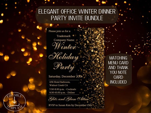 Elegant Office Dinner Party Invitation Template Bundle | Editable Black Gold Winter Event Invite, Menu & Favor Tag Set Canva - Etsy