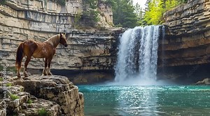Graceful horse standing proudly on a rock beside a cascading waterfall Seamless looping 4k time-lapse virtual video animation background. Generated AI