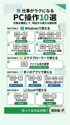 【保存版】仕事がラクになるPC操作10選 " 🪟 Windows📁 エクスプローラー📄 多くのアプリ📊 Excel #仕事術#PCスキル#パソコン仕事術#業務効率化#仕事ができる人