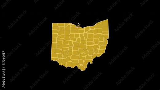Ohio USA Gold Map 3D Animation Alpha Channel Transparent Background 4K UHD ProRes 60fps