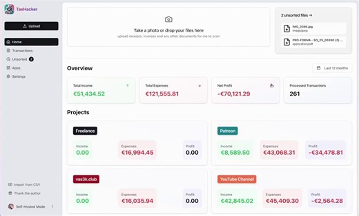 🚨Breaking: Accountants charge $150/hour to sort receipts you photographed on your phone.TaxHacker does it with an LLM -- self-hosted, on your own server, with your financial data never leaving your control.It's called TaxHacker. And it's not a budgeting app.It's a self-hosted AI accounting tool that takes photos of receipts, invoices, and bank statements -- any language, any currency, even handwritten -- and extracts every field you need into a structured database automatically.Here's what it a