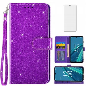 Compatible with Cricket Debut S2 U380AC/AT&T Calypso 4 U380AA Wallet Phone Case and Tempered Glass Screen Protector Flip Credit Card Holder Stand Bling Glitter Cell Cover for DebutS2 Calypso4 Purple