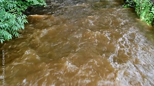 Fast flowing water of a narrow river coming towards and beneath you.The river is running much higher than normal due to heavy rainfall, though not yet at the point of breaking its banks and flooding. Stock Video