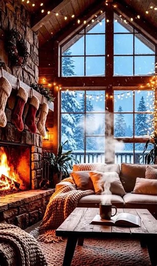 Winter Cabin Living Room ❄️🏠 Fireplace & Snow ASMR #aiasmr #satisfying #winter