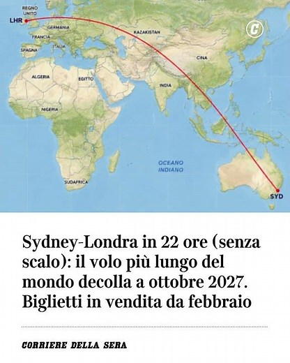 Sydney-Londra in 22 ore (senza scalo): il volo più lungo del mondo decolla a ottobre 2027