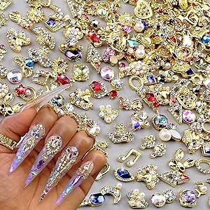 50pcs 3D Gold Nail Charms for Acrylic Nails Mix Styles Rhinestones for Nails Metal Nail Jewels for Nail Art Shiny Zircon Nail Rhinestones Alloy Nail Charm Pearl Nail Gems Cute Charms for Nails Design