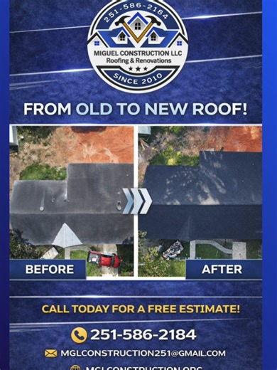 🔨🏠From worn-out to worry-free! 🏠✨ Another roof transformed by Miguel Construction LLC. If your roof needs attention, we’re ready to help!. ✨FREE Estimate 📞 251-586-2184 🌐 mglconstruction.org