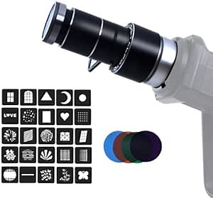 DF DIGITALFOTO Bowens Mount Optical Snoot, 4 Color Filters, 25 Gobos, Filter Frame, Lens and Projectiom for Monolight Photography LED Light and Strobe Light Photographic Equipment