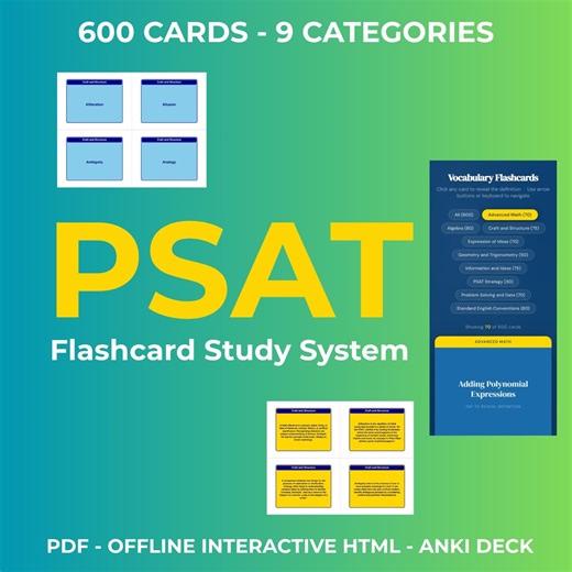 PSAT Flashcard Study System | 600 Cards | 9 Categories | Anki Decks Normal Cloze | 8 Pdf Layouts Color Print | PSAT NMSQT Exam Prep - Etsy
