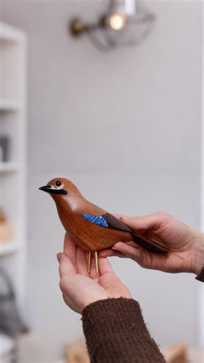 SCULPTURE • INTERIOR DECOR on Instagram: "The process of creating a jay sculpture💙 Materials: wenge, stabilized maple burl, walnut, ebony, brass Sculpture dimensions: Large: 27 x 30 x 9 cm Small: 13 x 15 x 5 cm To order, write to direct."