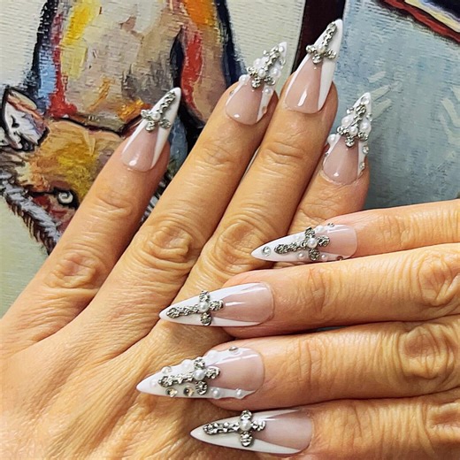 Pearl Cross French Tip Press on Nails, Almond Pointed Reusable False Nails - Etsy