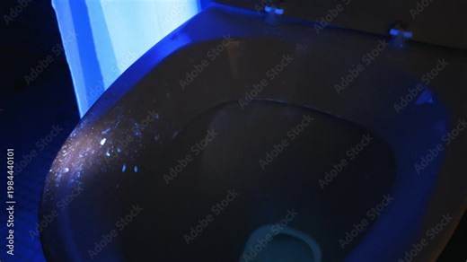 Forensic investigation using an ultraviolet light to reveal hidden germs and biological residue inside a very dirty toilet bowl. Showing the importance of hygiene and sanitation in a public restroom