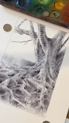 This technique feels effortless, almost like the tree emerges from the paper and all I have to do is help it a bit- that’s because the underdrawing and the tone of the paper do a lot of the work - all I have to do with the paint is figure out what’s lighter than the midtone, and what’s darker (for those of you interested in the materials I use for my tree drawings - the materials list and lecture are available for free preview in my tree drawing workshop (you can find it through my profile) | Di