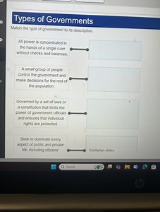 Types of GovernmentsMatch the type of government to its descri... | Filo