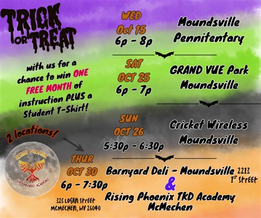Stop by and say hi... or... BOO!!! Rising Phoenix will be handing out sweet treats at 5 different locations this Spooky season! Enter your name for a chance to win one FREE month of instruction and a Student T-shirt! | Rising Phoenix Taekwondo Academy