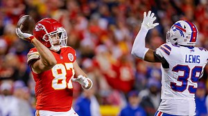 Who are the announcers and referees for the Chiefs vs. Bills playoff game today?