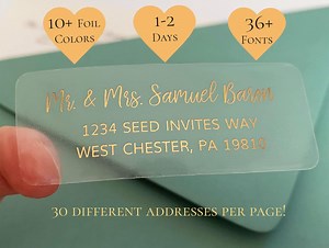 Guest or Return Wedding Address Labels, Clear Gold Foil Labels, Address Printing, Envelope Addressing, Printed Mailing Labels - Etsy