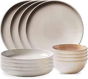 Corelle Stoneware Dinnerware Set, Handmade Reactive & Solid Glazed Ceramic Plates and Bowls, Modern Rustic Style Round Dishes, Service for 4, Oatmeal 12 PIECE SET