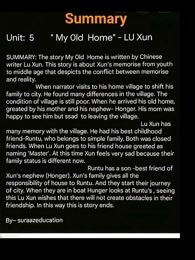 || My old Home summary by Lu- Xun || Class 12 Short story unit 5 || #neb #suraazeducation#like👍 👍