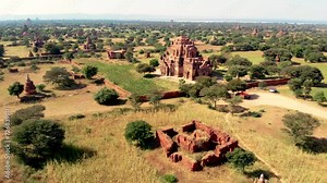 Bagan Myanmar, drone aerial view sunrise with temples and old pagodas at the historical UNESCO site of old Bagan