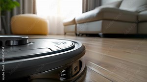 Extreme closeup of the wheels and suspension system of a robot vacuum demonstrating its ability to navigate and maneuver around furniture and corners.